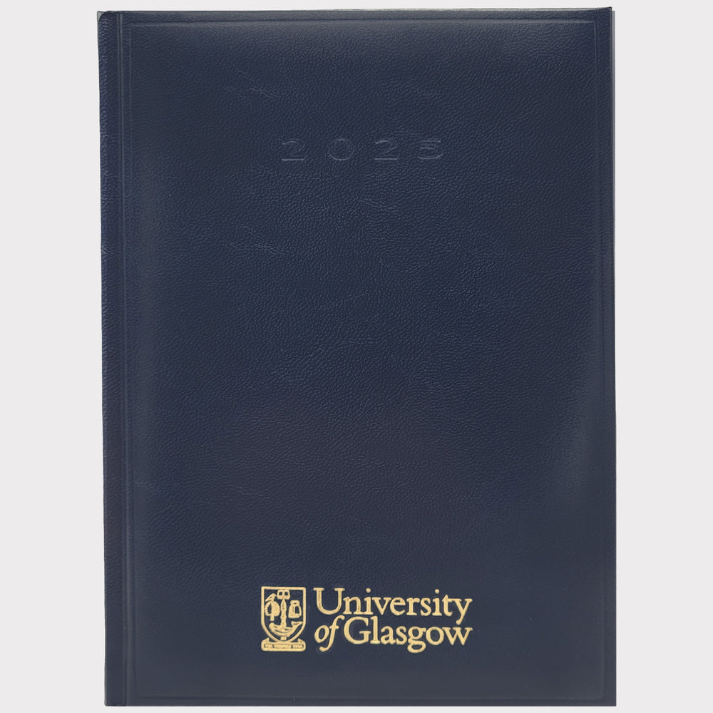 University of Glasgow Diary A4 Day a Page 2025. Navy faux leather, uni logo embossed in gold on centre bottom, 2025 embossed in navy top centre. 