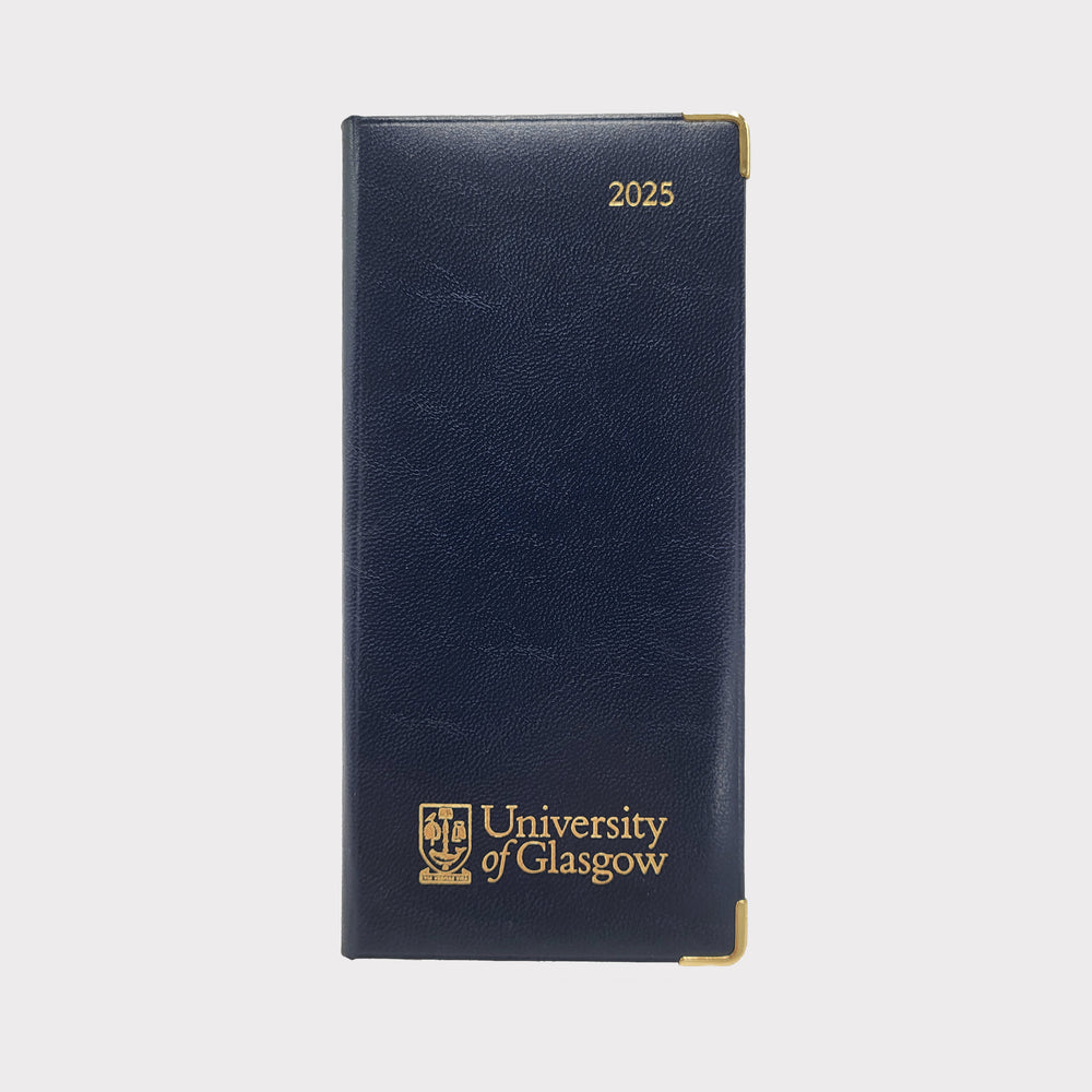 Pocket Diary. Navy faux leather with gold embossed University of Glasgow logo on front, bottom edge, 2026 in gold embossed top right. Gold corner protectors.