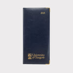 Pocket Diary. Navy faux leather with gold embossed University of Glasgow logo on front, bottom edge, 2026 in gold embossed top right. Gold corner protectors.