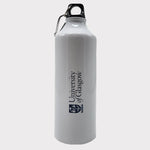 UofG White Aluminium Bottle. The bottle is bright white with the University of Glasgow crest printed in navy. The print runs vertically across the middle of the bottle. The bottle has a black screw-on lid with a metal carabiner clip.