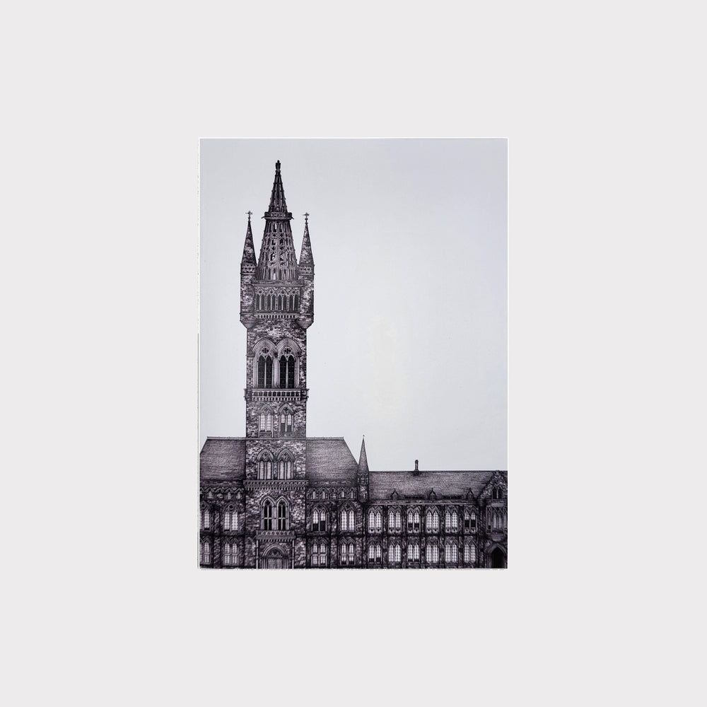 Jennifer Court A6 Exercise Book - front cover. The cover shows Jennifer Court's illustration of the University of Glasgow tower in black and white.