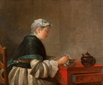 The image shows a close-up of the painting A Lady Taking Tea by Jean Simeon Chardin (1735). The painting depicts a lady in elegant eighteenth-century dress seated at a red table, with a teapot, teacup and saucer in front of her.