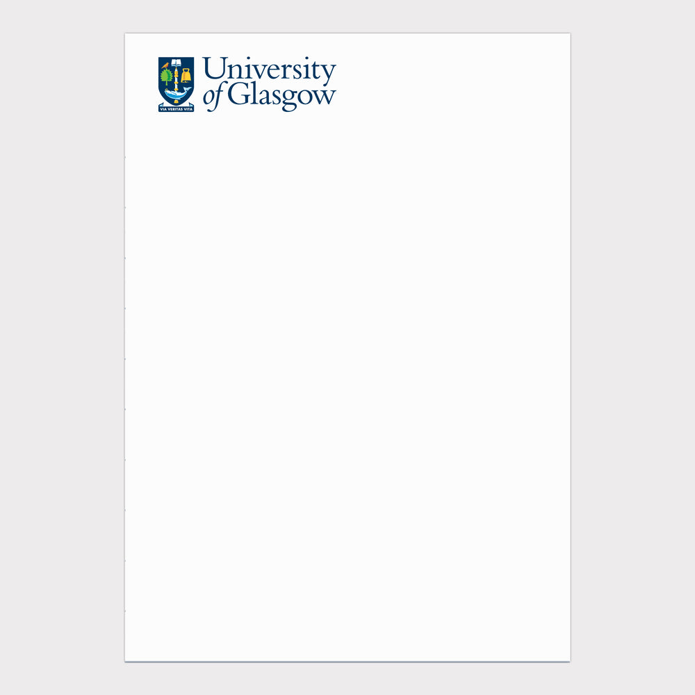 UofG  A5 notepad. The top left of the page is headed with the University of Glasgow crest in full colour 