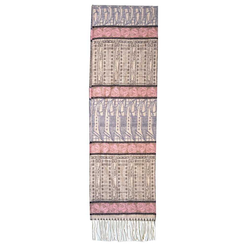 Patterned scarf with pink and blue design on a white background
