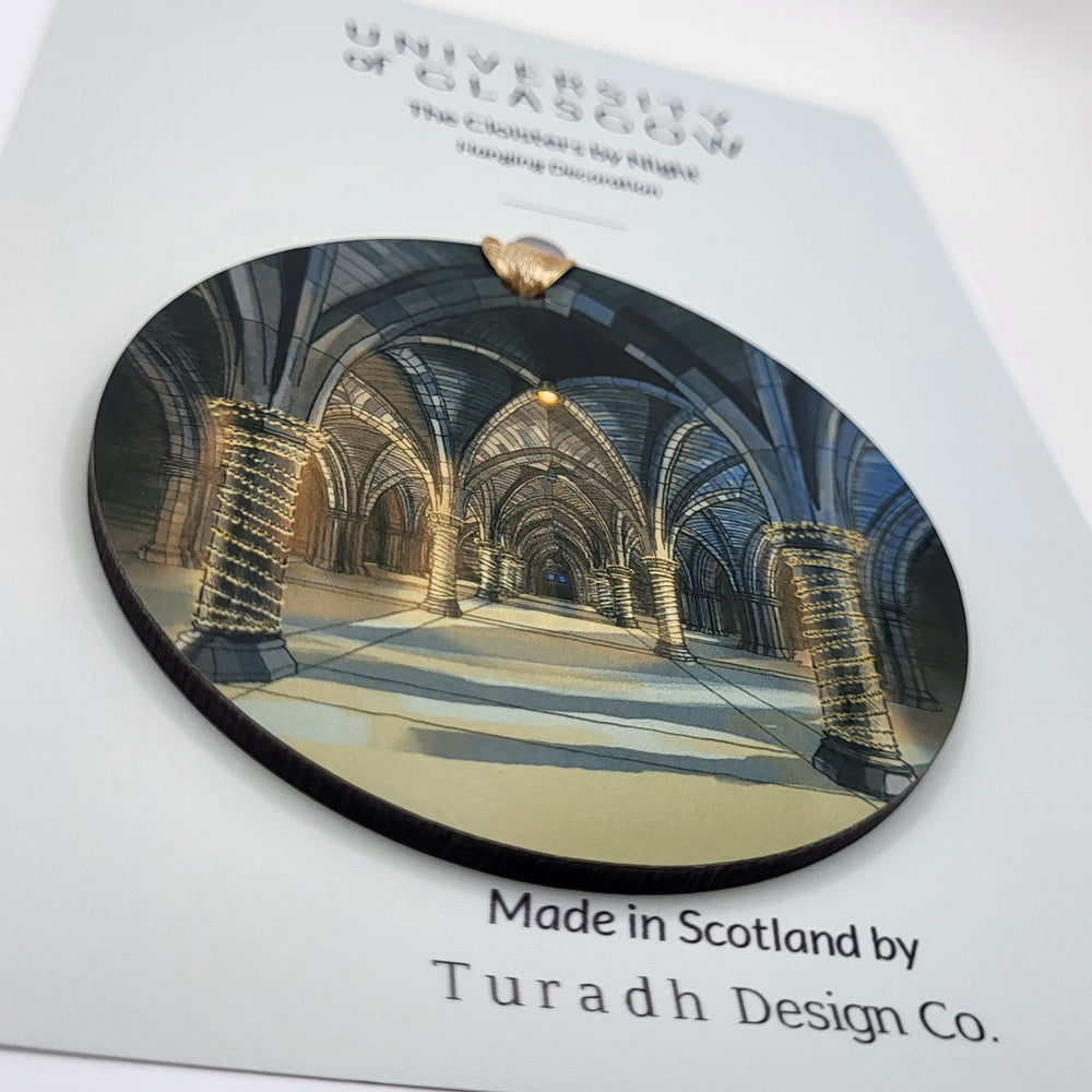 Circular design of a grand hallway with arches on a white background, featuring text about the University of Glasgow and Turadh Design Co.