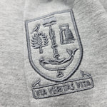 Embroidered crest on a gray sweatshirt with 'Via Veritas Vita' text.