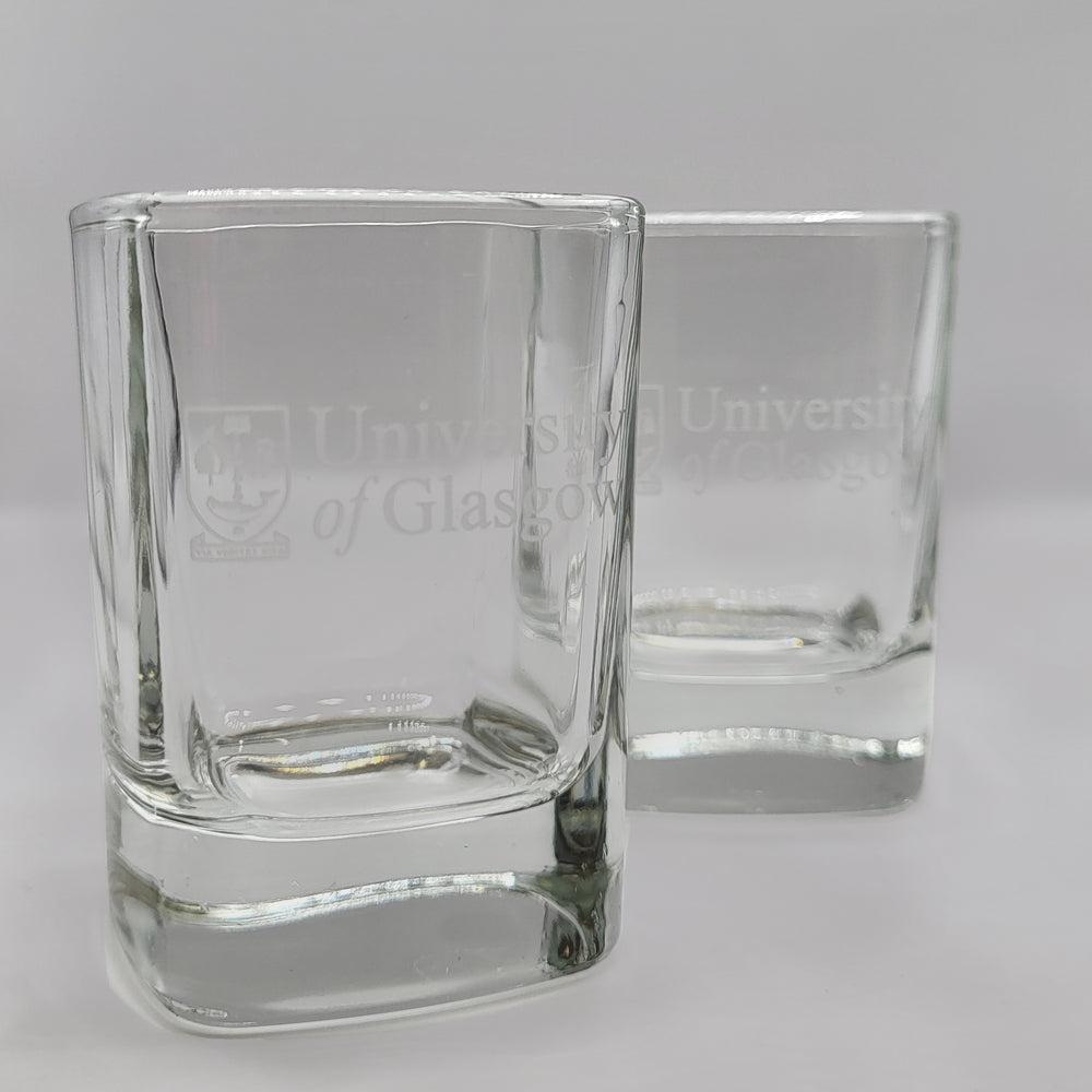 Crest Dram Glass Set - two dram glasses etched with the University of Glasgow crest