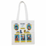 Famous Faces Tote by Illustration Etc. White tote bag features illustrations of famous alumnus from University of Glasgow. This side shows Marion Gilchrist, Dame Jocelyn Bell Burnell, Nicola Sturgeon, Steven Moffat, John Boydorr, Adam Smith, James Watt and Lord Kelvin.  