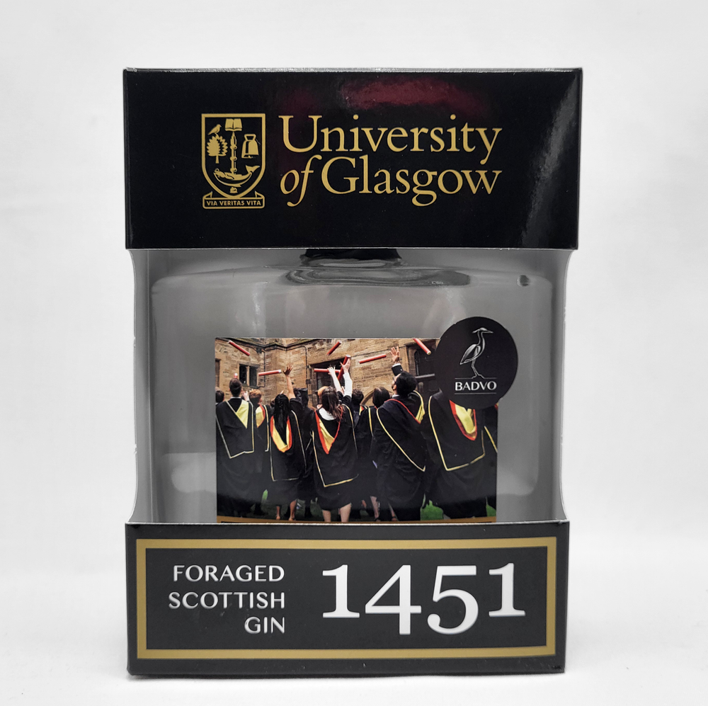Foraged Scottish Gin bottle with University of Glasgow branding on packaging