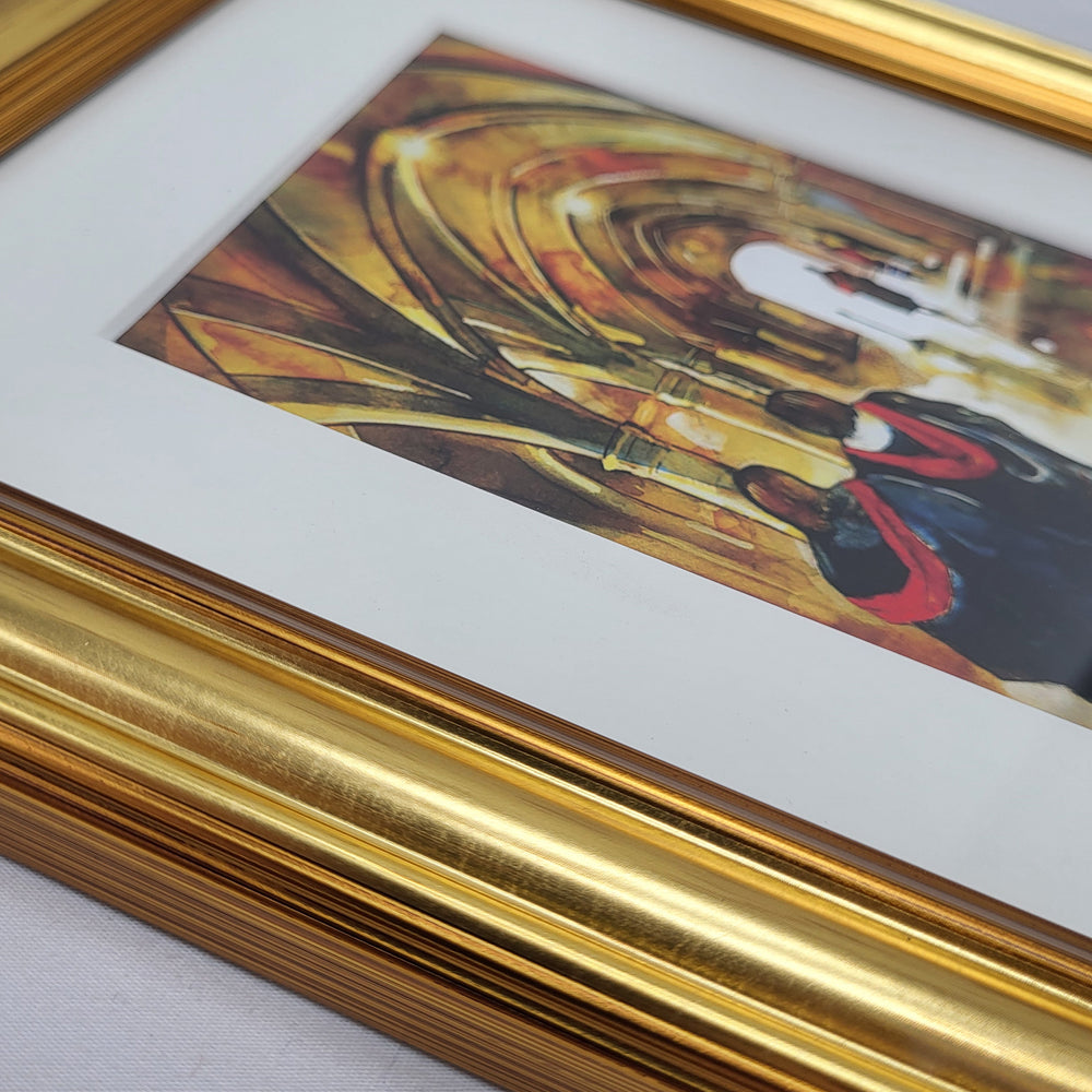 Framed artwork with a gold frame on a white background