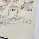 Greetings card featuring Charles Rennie Mackintosh's cuckoo flower watercolour. The image shows a close-up of the signature box at the bottom of the painting.