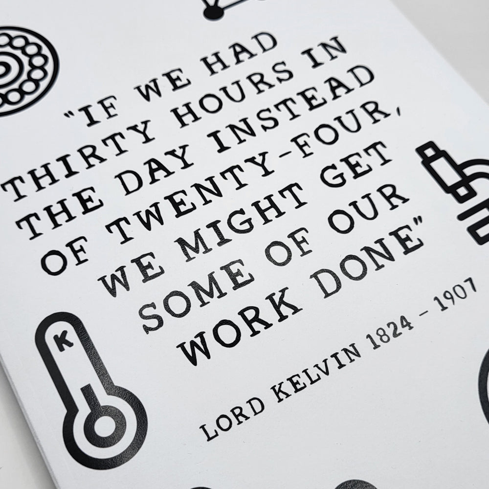 Lord Kelvin Absolute Hero Jotter (detail). White A5 jotter with black print on the cover. The print shows a quote by Lord Kelvin surrounded by scientific symbols. The quote reads: "If we had thirty hours in the day instead of twenty-four, we might get some of our work done." Lord Kelvin's name and the dates 1824-1907 are printed below.