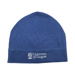 University of Glasgow Merino wool beanie with UofG logo front. Flat view.