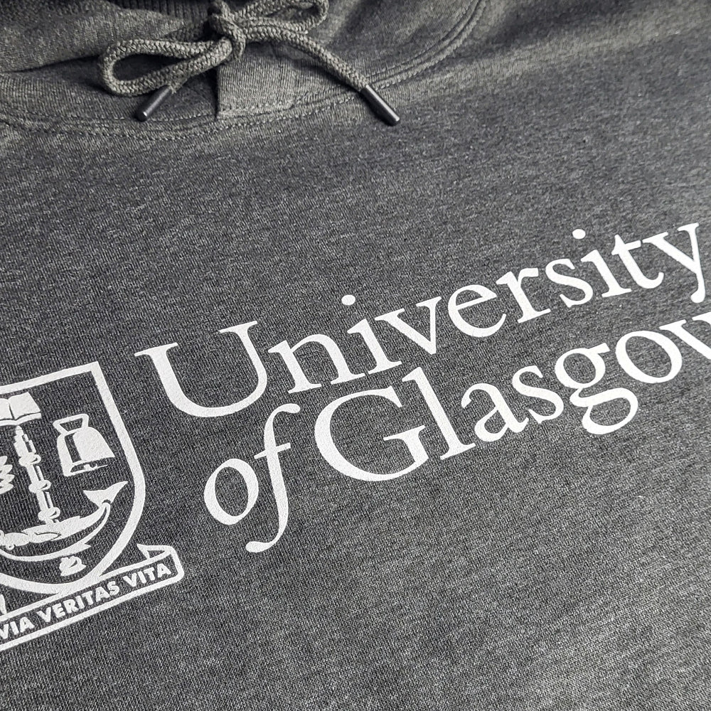 Gray hoodie with 'University of Glasgow' logo on a dark background