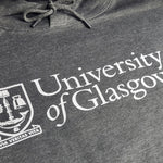 Gray hoodie with 'University of Glasgow' logo on a dark background
