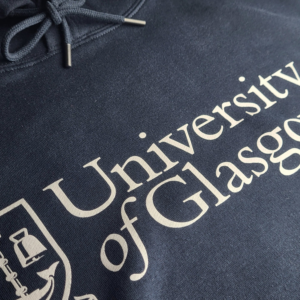 Navy hoodie with 'University of Glasgow' text and logo.