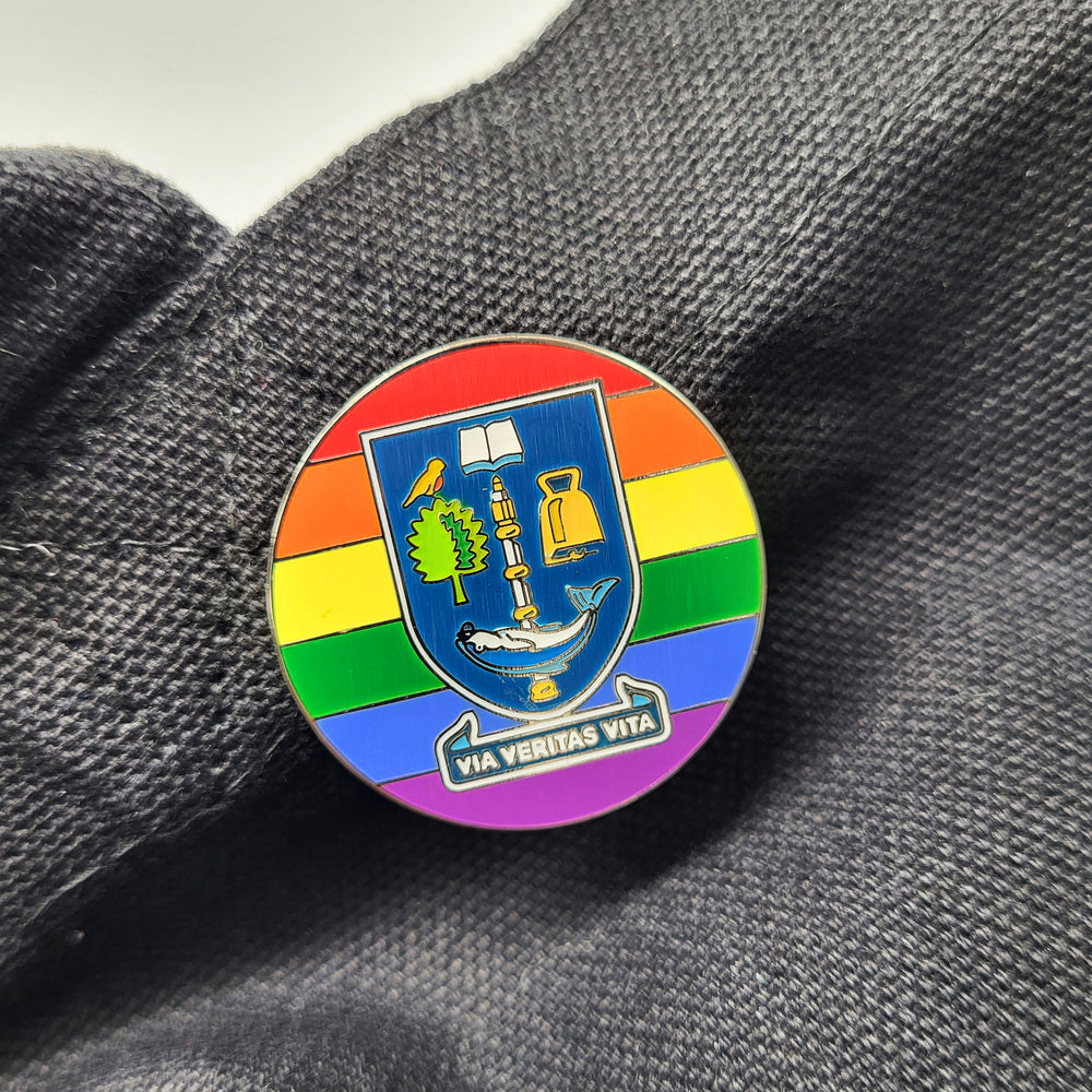 Pride Pin Badge - on bag, close up 