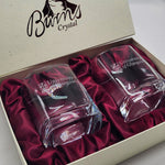 Two crystal tumblers with 'University of Glasgow' engraving in a Burns Crystal box.