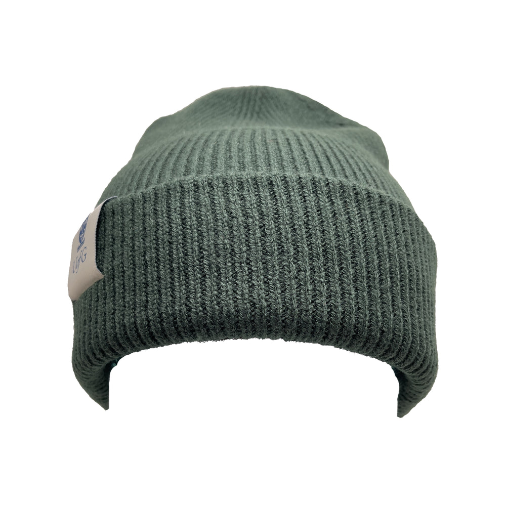 Green knit beanie with a brand logo on a white background