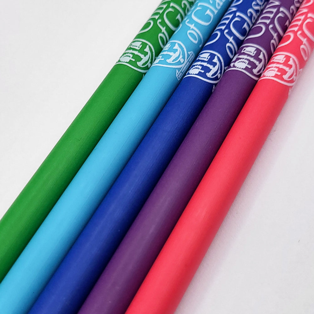 University of Glasgow Recycled Pencil collection. Image shows all colours: green, aqua, navy, purple, pink. 
