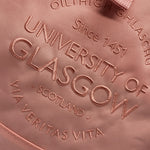 Embossed text on a pink background reading 'University of Glasgow, Scotland, Via Veritas Vita'.