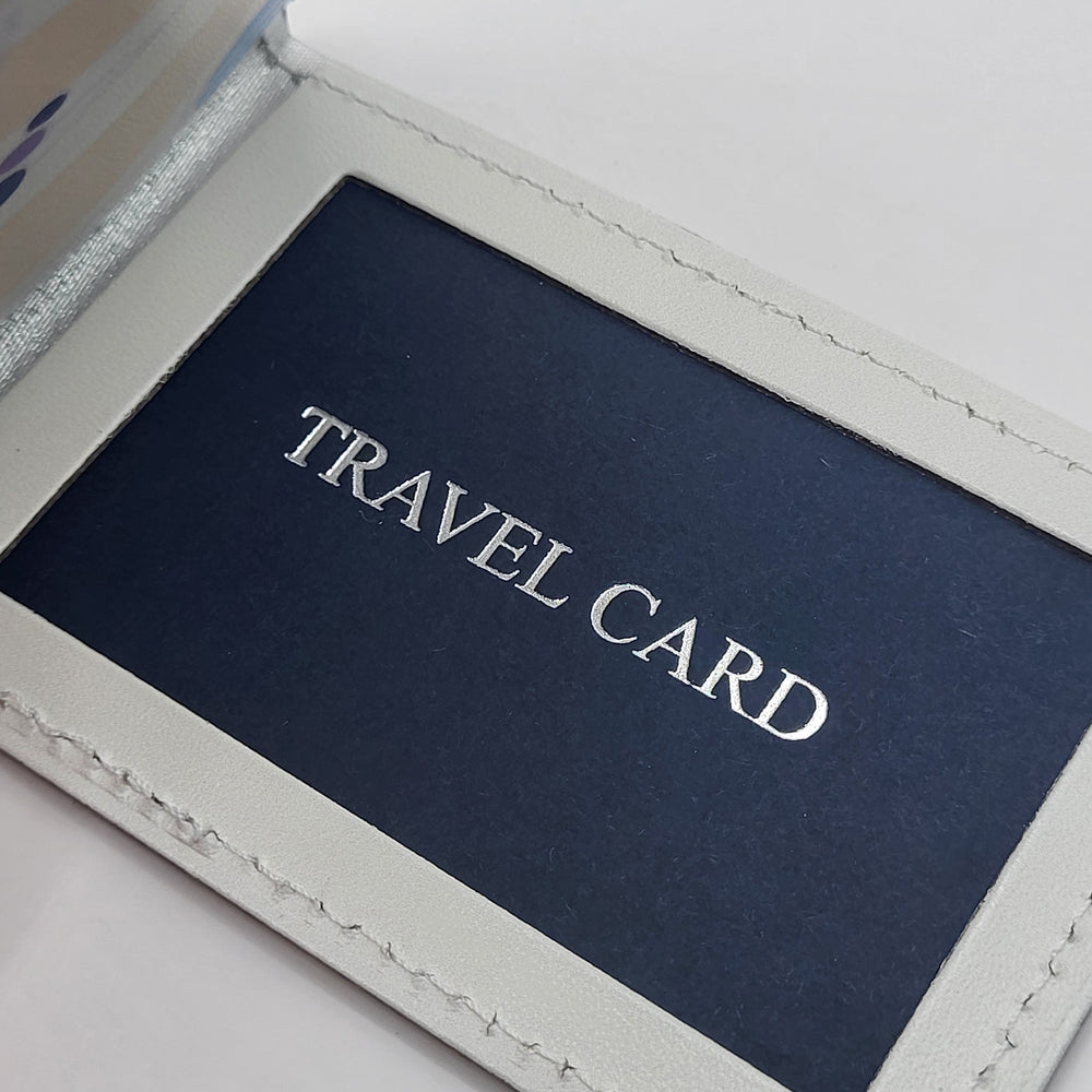 Close-up of a travel card holder with 'TRAVEL CARD' text on a blue card.
