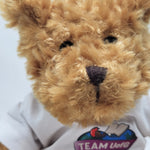 Close-up of a teddy bear wearing a shirt with a logo and text.