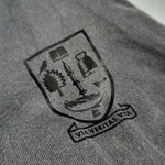 Printed UofG logo on a gray fabric background, sleeve of t-shirt
