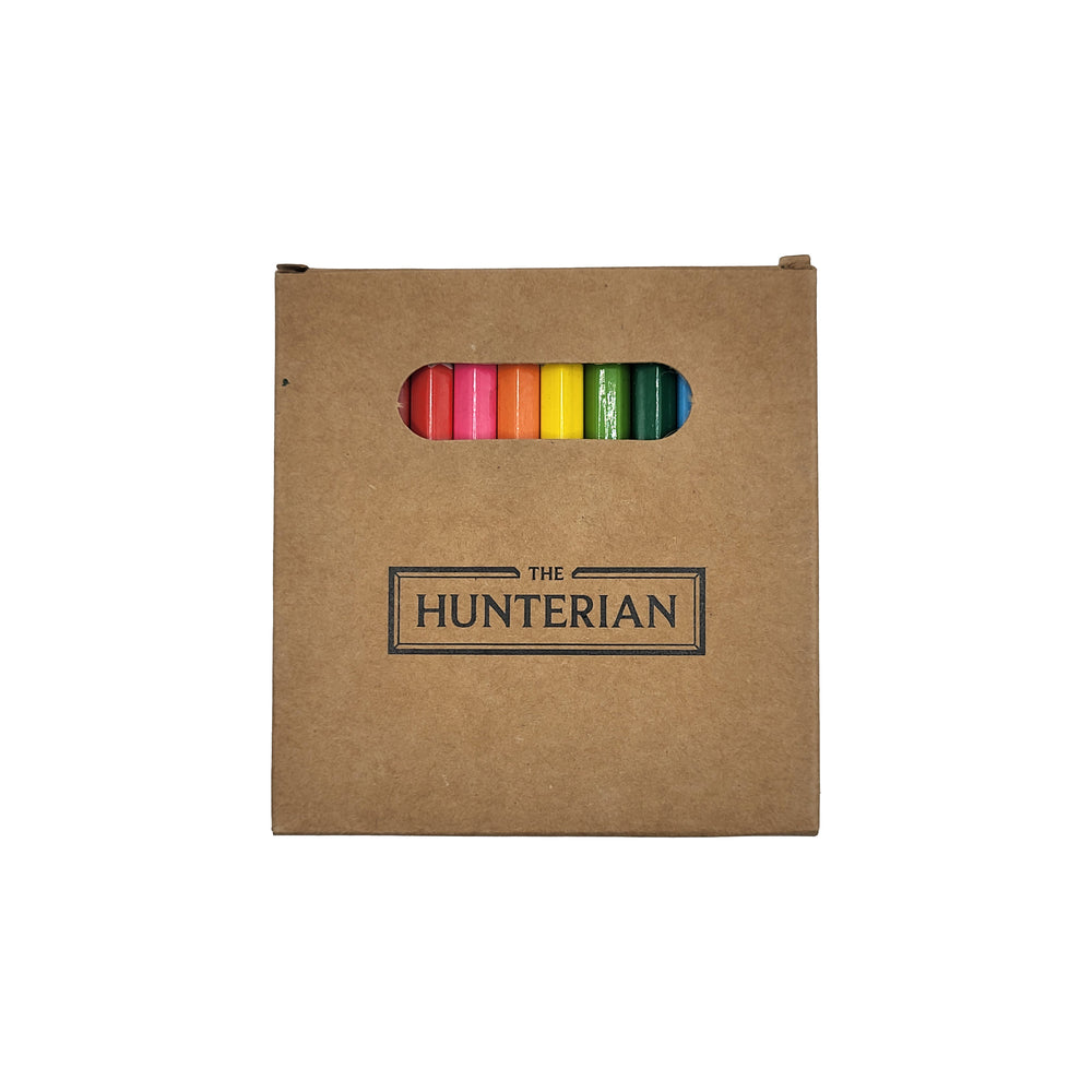 Box of colored pencils with 'The Hunterian' branding on a white background