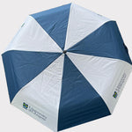 Blue and white umbrella with 'University of Glasgow' branding on a light gray background