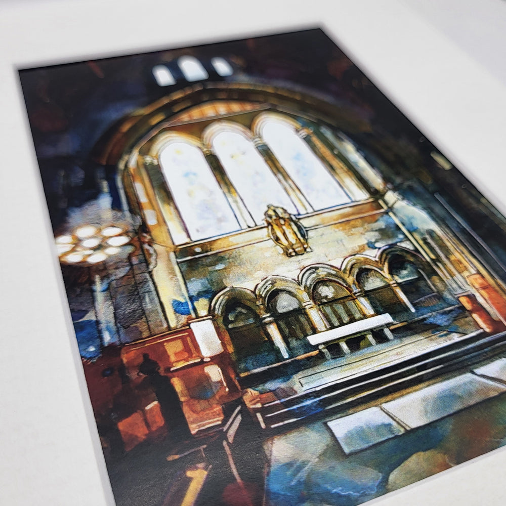 Artistic depiction of a church interior with stained glass windows.