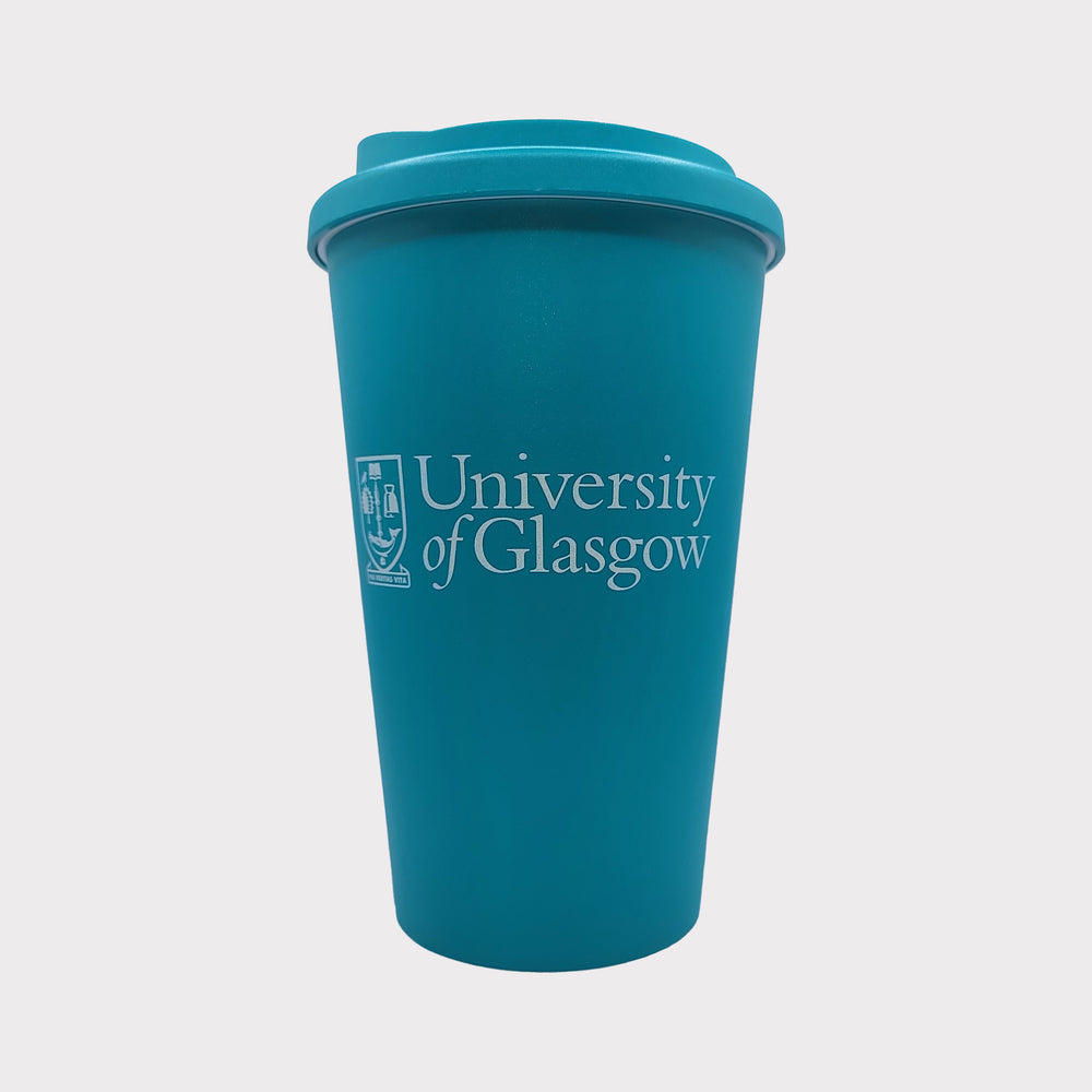 Teal tumbler with 'University of Glasgow' logo on a white background