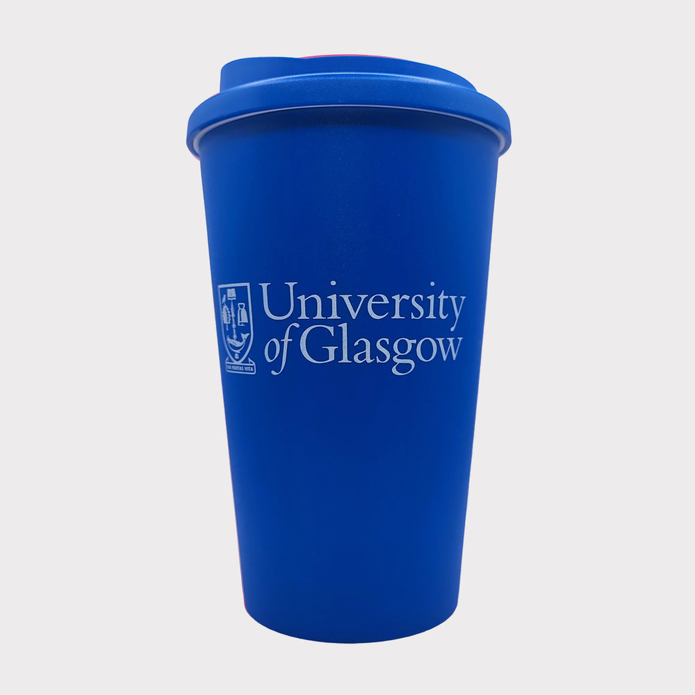 Blue tumbler with 'University of Glasgow' logo on a white background