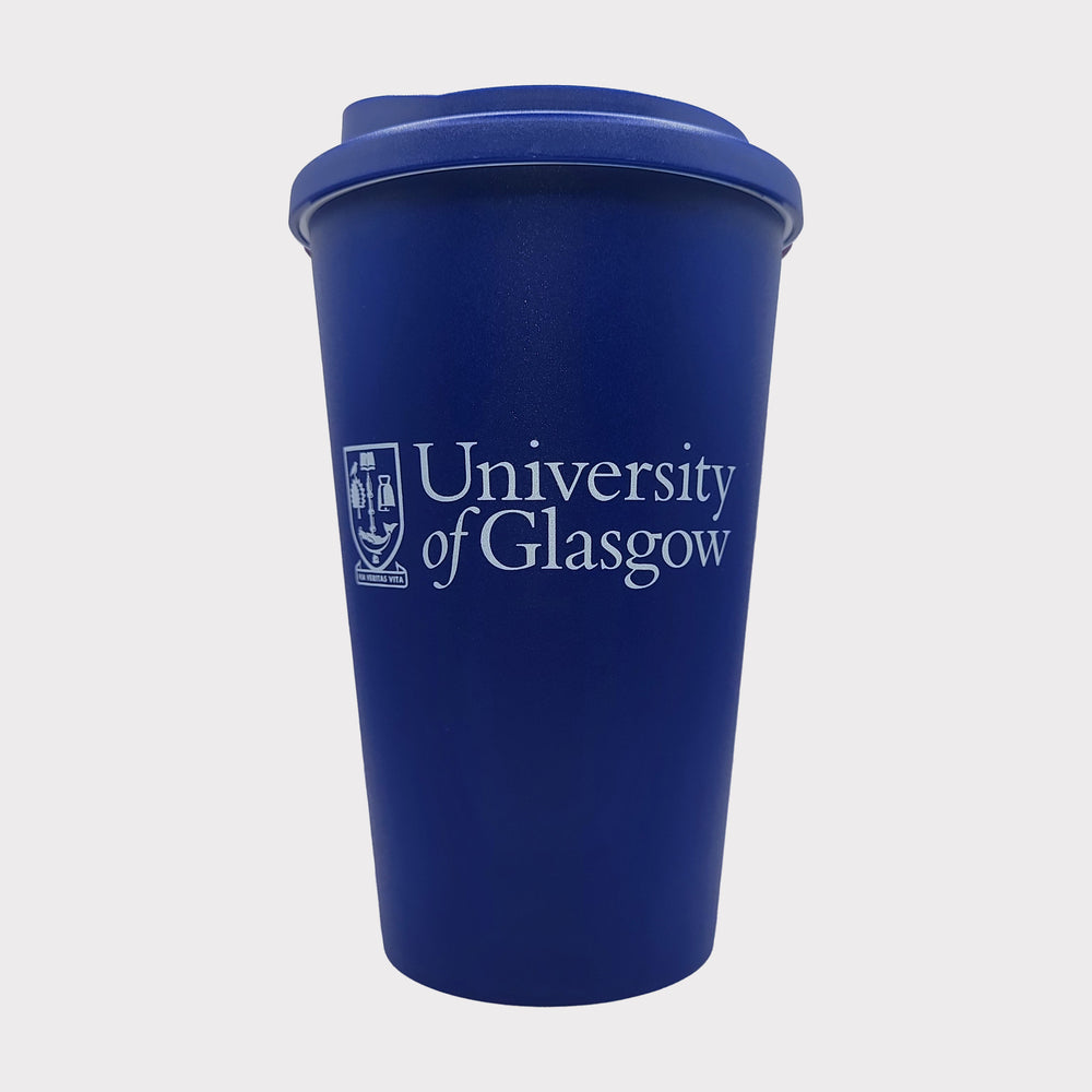 Blue tumbler with 'University of Glasgow' logo on a white background