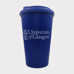 Blue tumbler with 'University of Glasgow' logo on a white background