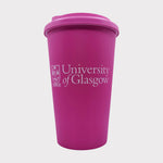 Pink tumbler with 'University of Glasgow' logo on a light gray background