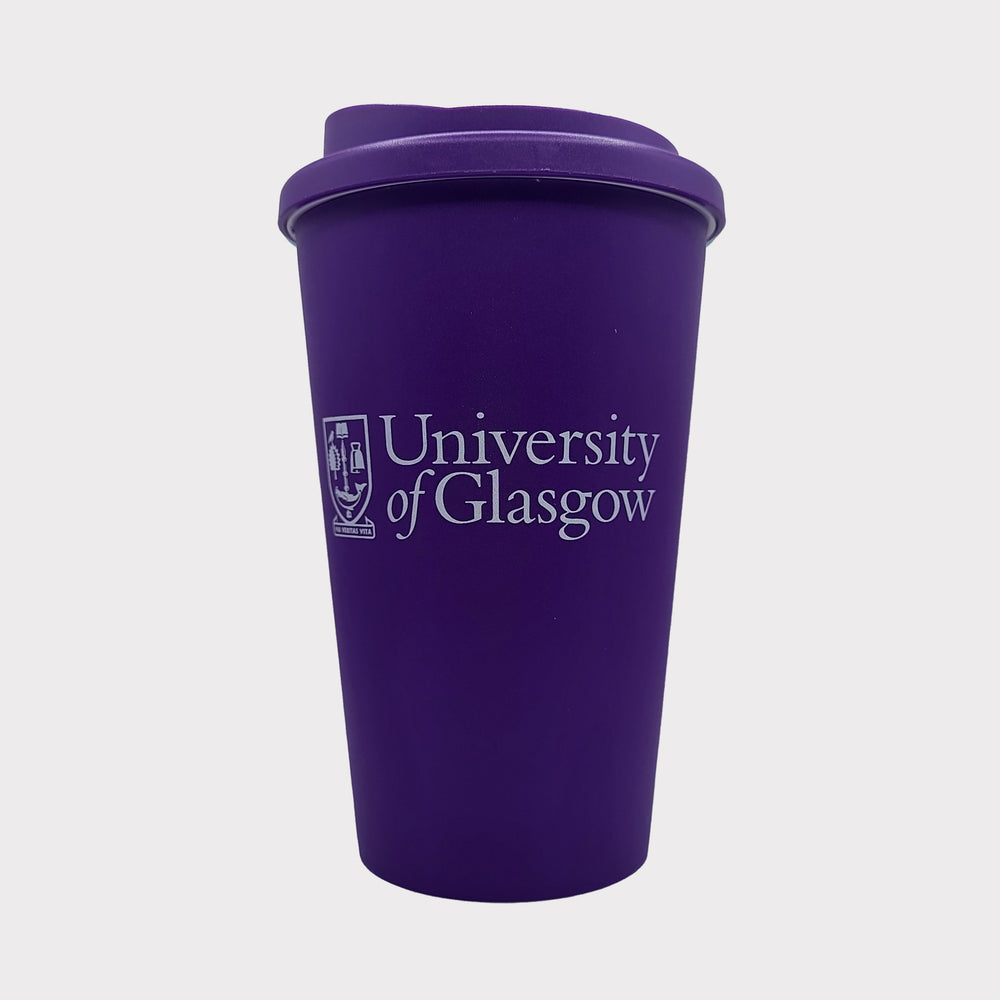 Purple tumbler with 'University of Glasgow' logo on a white background