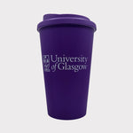 Purple tumbler with 'University of Glasgow' logo on a white background
