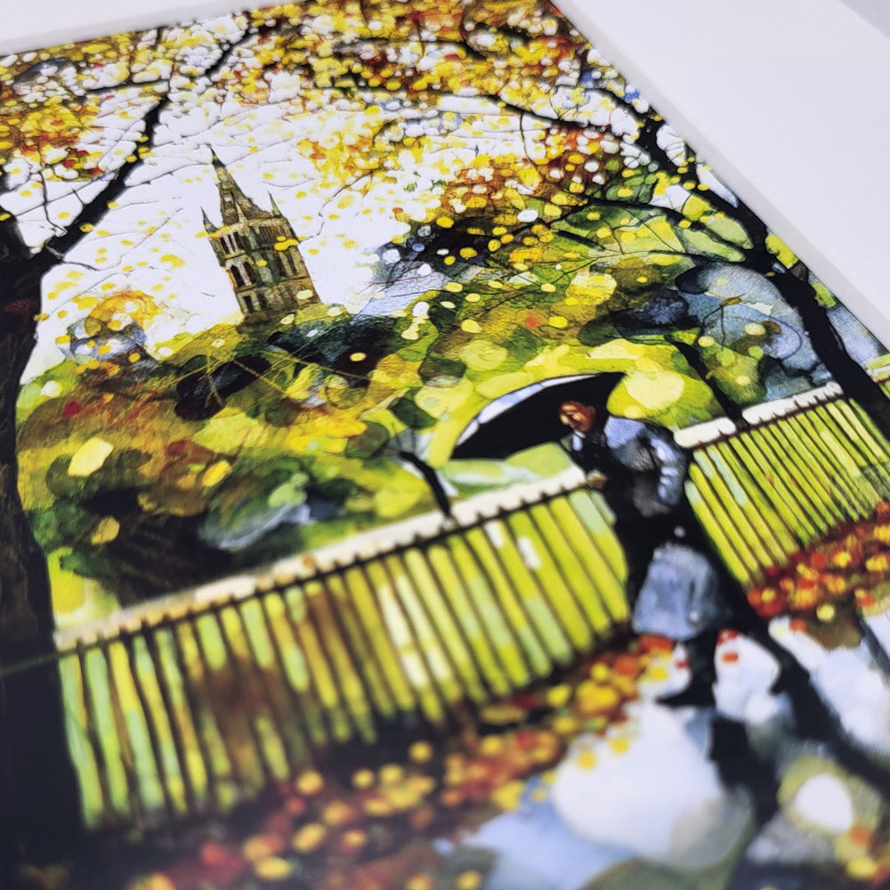 Colorful abstract painting of a landscape with trees, a fence, and a building.