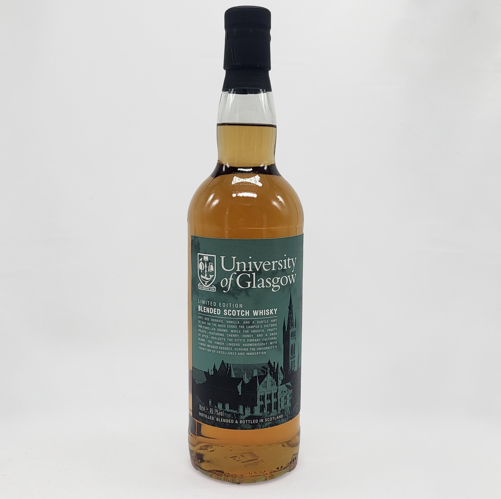 Bottle of University of Glasgow blended Scotch whisky on a white background