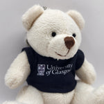 White teddy bear wearing a black 'University of Glasgow' shirt on a gray background