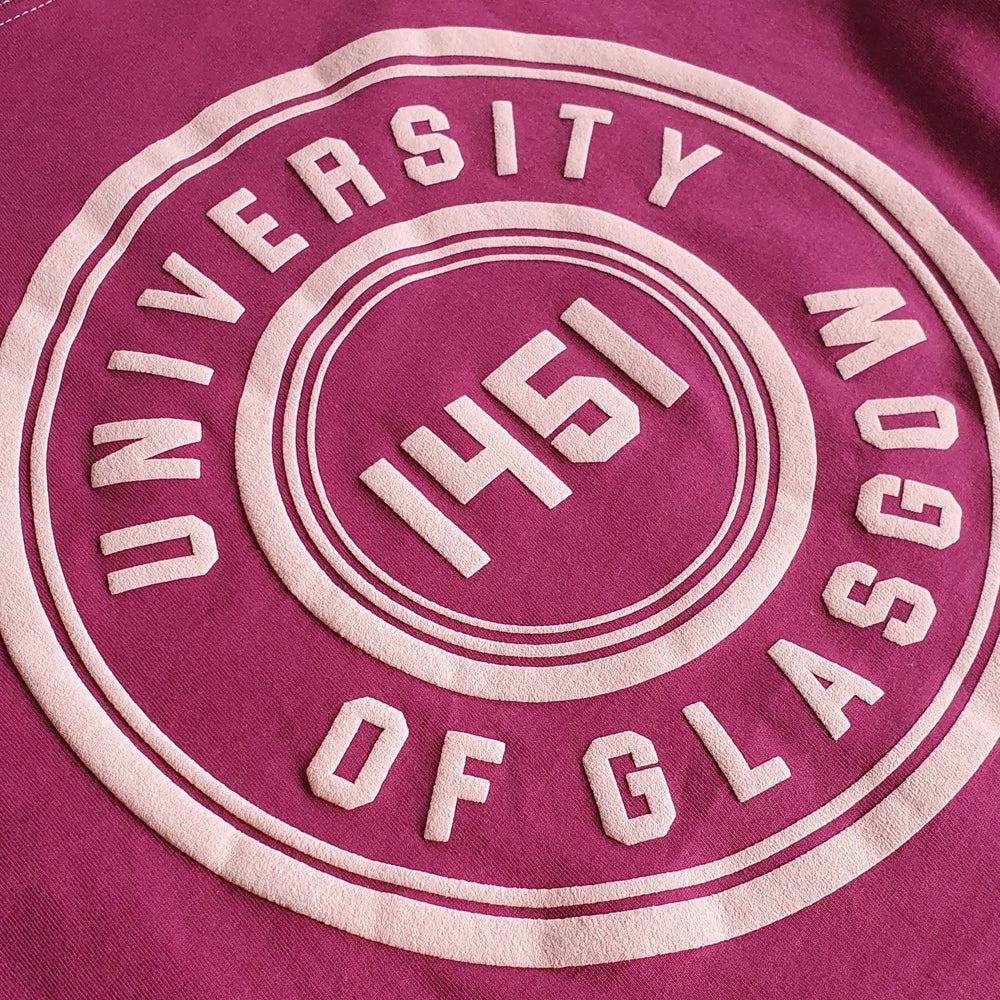 University of Glasgow Organic Circle T-shirt in Berry, with pale pink print detail