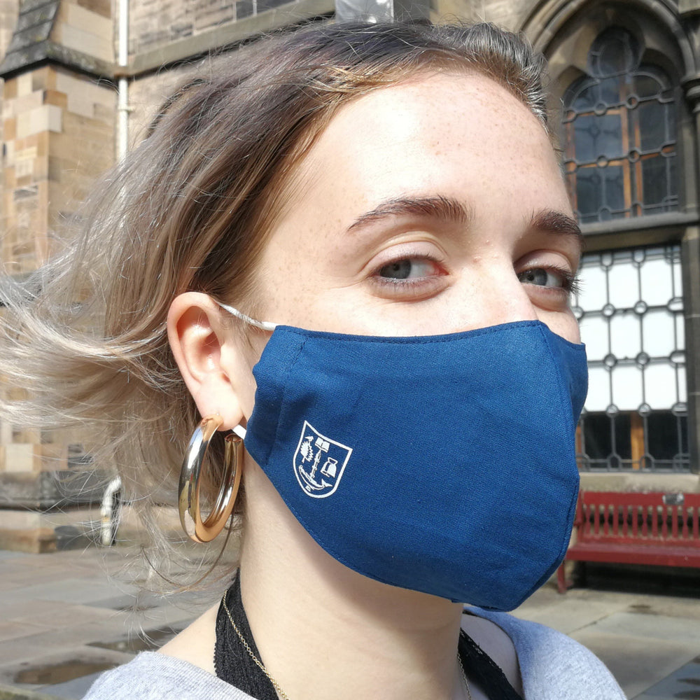 Model wearing University of Glasgow Face Covering