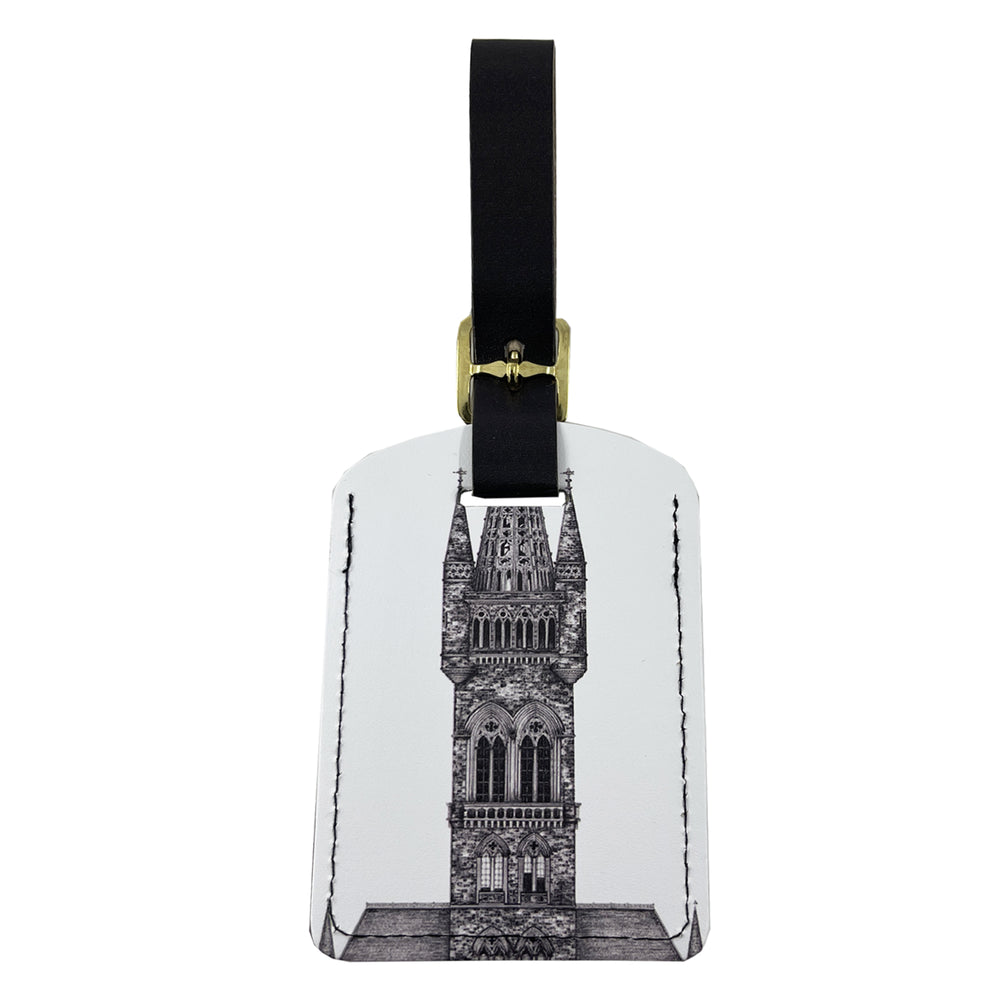 Black and white luggage tag, showing a detail from Jennifer Court's illustration of the University of Glasgow tower