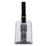 Black and white luggage tag, showing a detail from Jennifer Court's illustration of the University of Glasgow tower