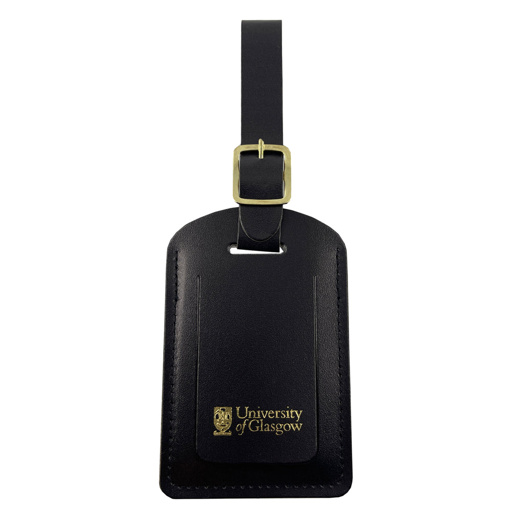 Jennifer Court Luggage Tag - reverse of tag, showing the University of Glasgow crest in gold against a black background