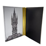 Black, white and gold passport holder (inner cover). The left hand sleeve shows a detail from Jennifer Court's illustration of the University of Glagow tower. The right hand sleeve is plain black.