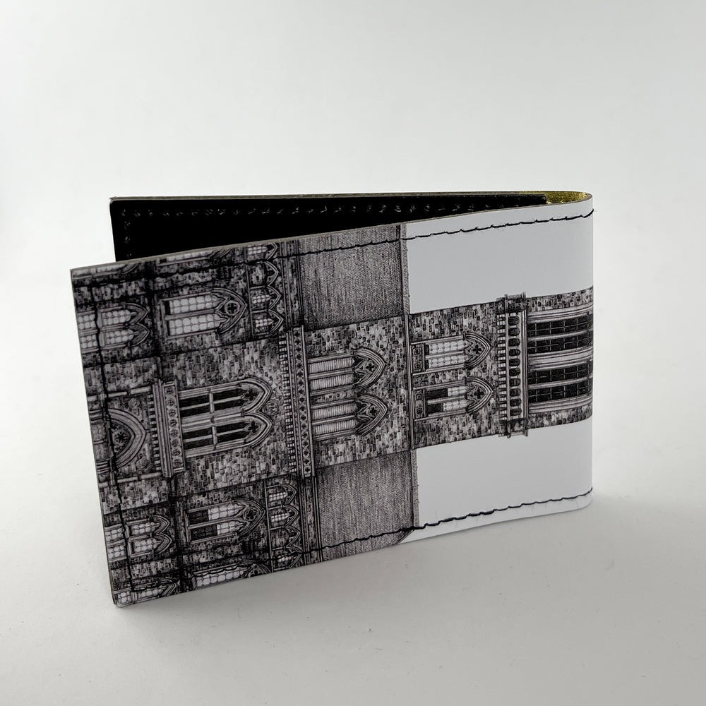 Black, white and gold travel card holder - reverse front view, showing Jennifer Court's illustration of the University of Glasgow tower.