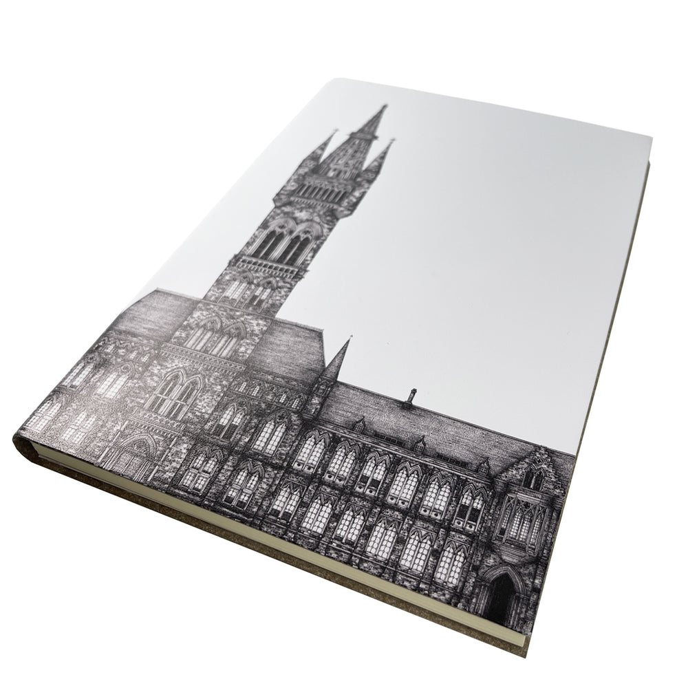 Jennifer Court A5 Notebook - front cover showing Jennifer Court's illustration of the University of Glasgow tower in black and white