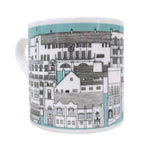 Mackintosh Mug by Illustration, Etc. A light blue mug with a white rim and handle. The mug features a black and white illustration showing famous buildings designed by Charles Rennie Mackintosh.